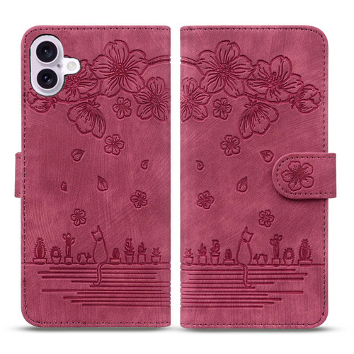 iPhone 17 Cartoon Sakura Cat Embossed Leather Phone Case - Wine Red