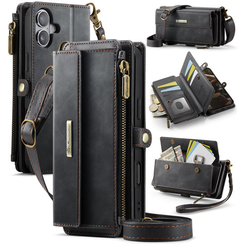 iPhone 17 CaseMe C39 RFID Blocking Zipper Wallet Leather Phone Case with Crossbody Strap - Black