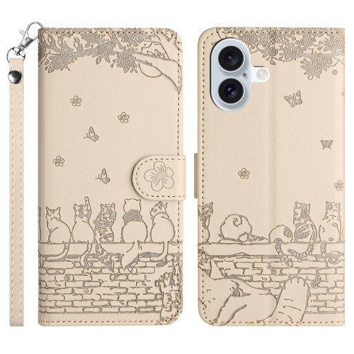 iPhone 17 Cat Embossing Pattern Leather Phone Case with Lanyard - Beige