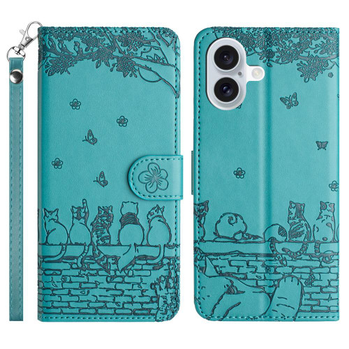 iPhone 17 Cat Embossing Pattern Leather Phone Case with Lanyard - Blue