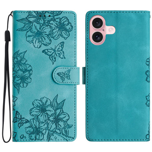 iPhone 17 Cherry Blossom Butterfly Skin Feel Embossed PU Phone Case - Green