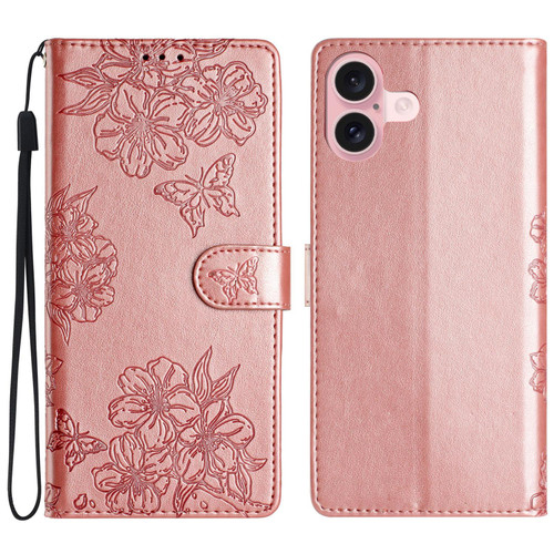 iPhone 17 Cherry Blossom Butterfly Skin Feel Embossed PU Phone Case - Rose Gold