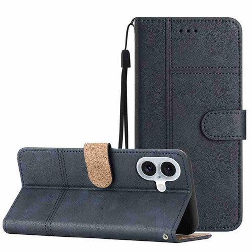 iPhone 17 Cowhide Texture Stitching Leather Phone Case - Dark Blue