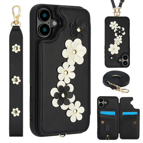 iPhone 17 Crossbody Flower Pattern Leather Phone Case - Black