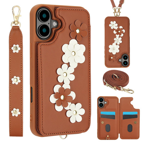 iPhone 17 Pro Max Crossbody Flower Pattern Leather Phone Case - Brown