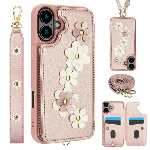 iPhone 17 Crossbody Flower Pattern Leather Phone Case - Rose Gold