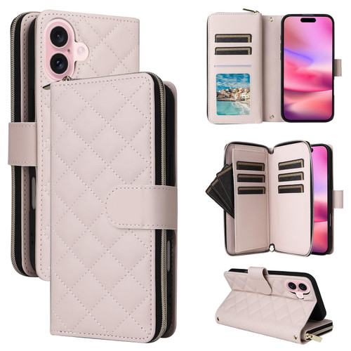 iPhone 17 Crossbody Rhombic Zipper Tower Buckle Leather Phone Case with Lanyard - Beige