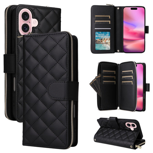 iPhone 17 Crossbody Rhombic Zipper Tower Buckle Leather Phone Case with Lanyard - Black iPhone 17 Crossbody Rhombic Zipper Tower Buckle Leather Phone Case with Lanyard - Black