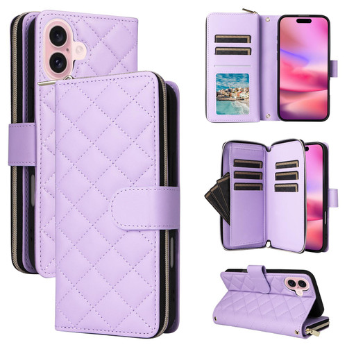 iPhone 17 Crossbody Rhombic Zipper Tower Buckle Leather Phone Case with Lanyard - Purple