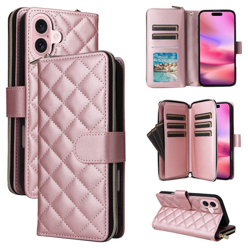 iPhone 17 Crossbody Rhombic Zipper Tower Buckle Leather Phone Case with Lanyard - Rose Gold