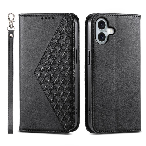 iPhone 17 Cubic Grid Calf Texture Magnetic Leather Phone Case - Black