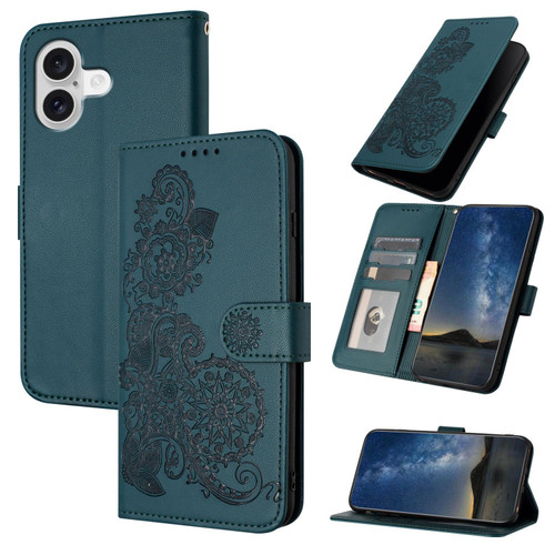 iPhone 17 Datura Flower Embossed Flip Leather Phone Case - Dark Green