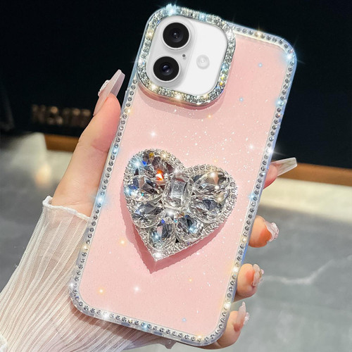 iPhone 17 Diamond Glitter Gemstone Heart Holder Phone Case - Light Pink