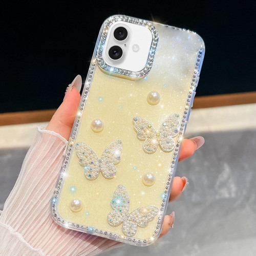 iPhone 17 Diamond Glitter Pearl Butterfly Four-Corner Shockproof Phone Case - Light Yellow
