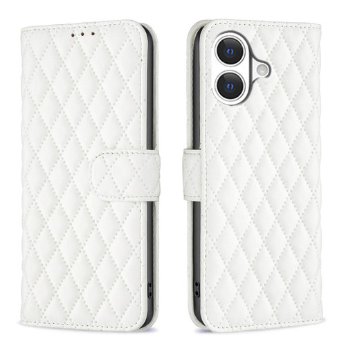iPhone 17 Diamond Lattice Wallet Flip Leather Phone Case - White
