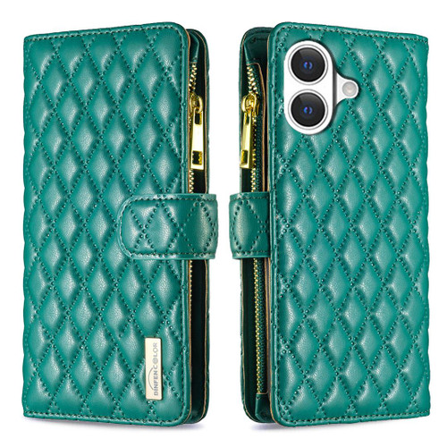 iPhone 17 Diamond Lattice Zipper Wallet Leather Flip Phone Case - Green