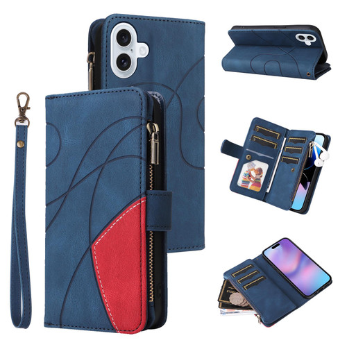 iPhone 17 Dual-color 9 Card Slots Zipper Wallet Leather Phone Case - Blue
