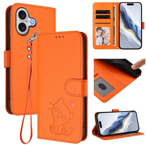 iPhone 17 Embossed Heart Cat Leather Phone Case with Hand Strap - Orange