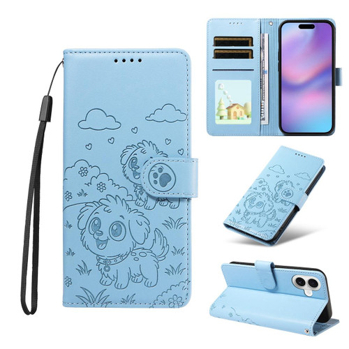 iPhone 17 Embossed Heart Dog RFID Blocking Wallet Leather Phone Case - Sky Blue