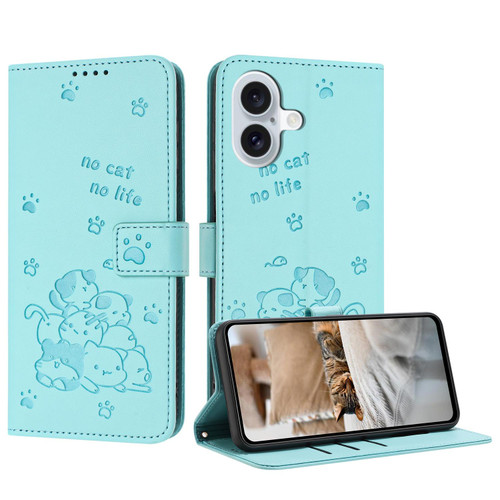 iPhone 17 Embossed Kitten Phone Leather Case with Lanyard - Mint Green
