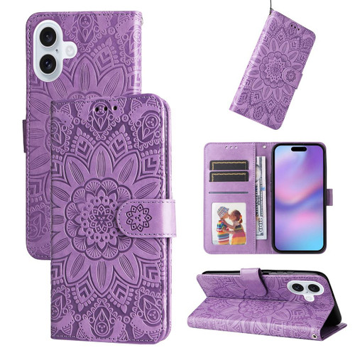 iPhone 17 Embossed Sunflower Leather Phone Case - Purple