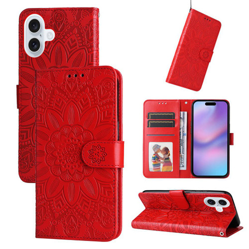 iPhone 17 Embossed Sunflower Leather Phone Case - Red