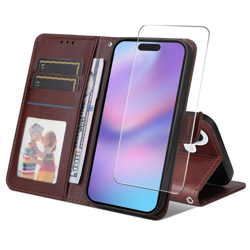 iPhone 17 ENKAY Card Wallet Calf Texture Leather Phone Case with Thickened Glue No White Edge Film - Brown