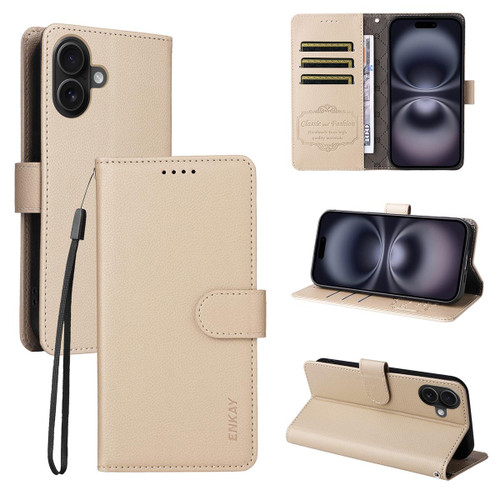 iPhone 17 ENKAY RFID Blocking Wallet Kickstand Litchi Texture Leather Phone Case - Beige