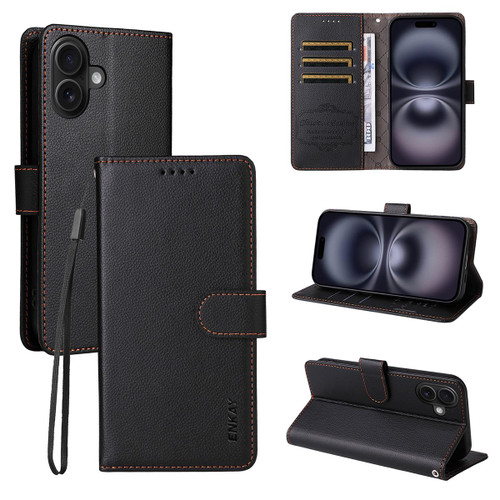 iPhone 17 ENKAY RFID Blocking Wallet Kickstand Litchi Texture Leather Phone Case - Black