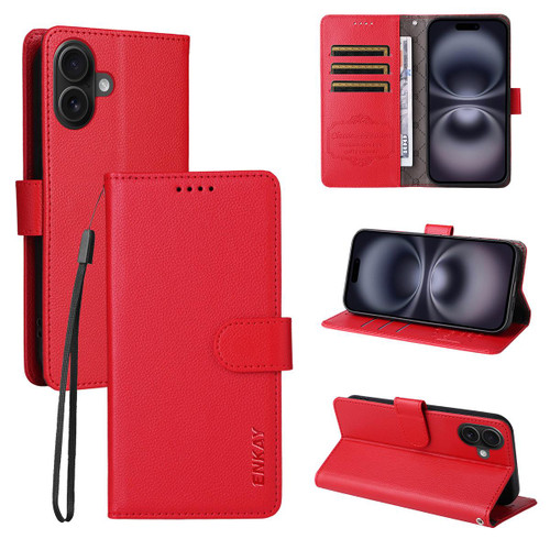 iPhone 17 ENKAY RFID Blocking Wallet Kickstand Litchi Texture Leather Phone Case - Red