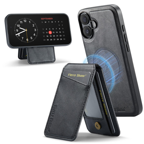 iPhone 17 Fierre Shann Cowhide Vertical Flip Magnetic Card Holder Phone Case - Black