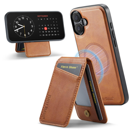iPhone 17 Fierre Shann Cowhide Vertical Flip Magnetic Card Holder Phone Case - Brown