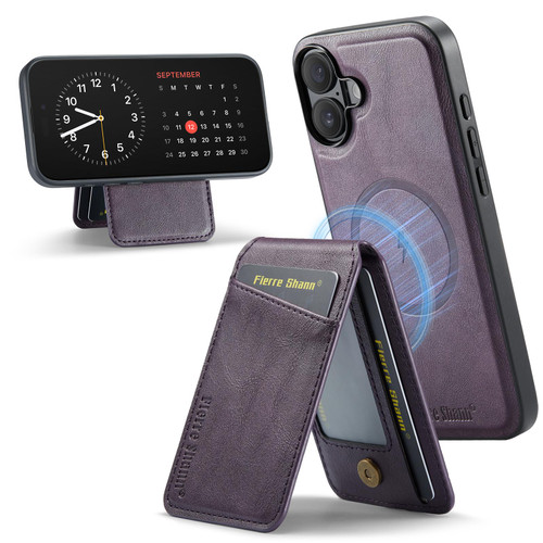 iPhone 17 Fierre Shann Cowhide Vertical Flip Magnetic Card Holder Phone Case - Purple