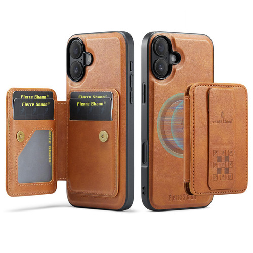 iPhone 17 Fierre Shann Oil Wax Cow Leather Card Holder Back Phone Case - Brown