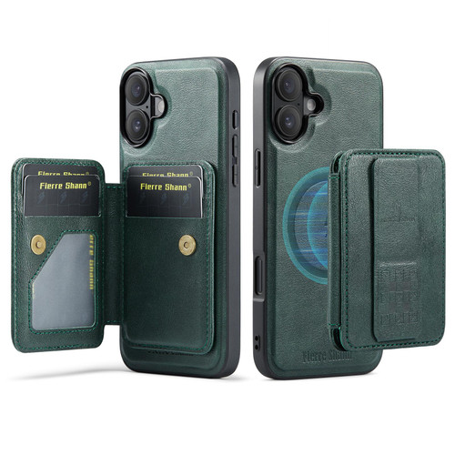 iPhone 17 Fierre Shann Oil Wax Cow Leather Card Holder Back Phone Case - Green