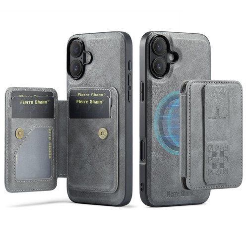 iPhone 17 Fierre Shann Oil Wax Cow Leather Card Holder Back Phone Case - Grey