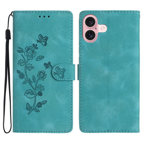 iPhone 17 Flower Butterfly Embossing Pattern Leather Phone Case - Sky Blue