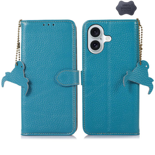 iPhone 17 Genuine Leather Litchi Texture RFID Leather Phone Case - Blue