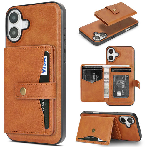 iPhone 17 Kalebol Magnetic Button Card Bag MagSafe Ring Leather Phone Case - Brown