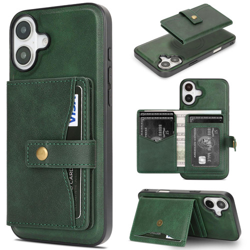 iPhone 17 Kalebol Magnetic Button Card Bag MagSafe Ring Leather Phone Case - Green