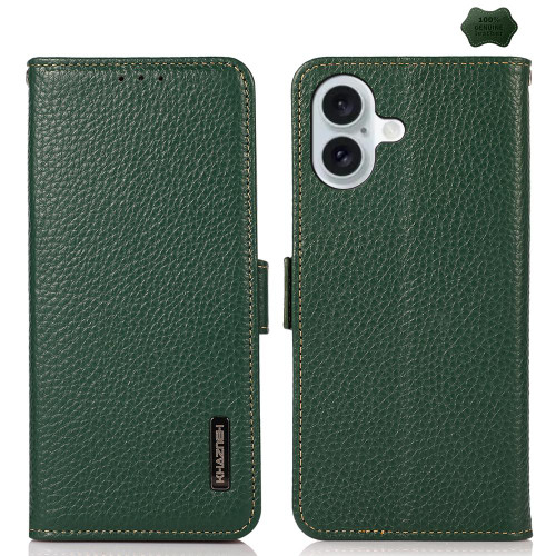 iPhone 17 KHAZNEH Side-Magnetic Litchi Genuine Leather RFID Case - Green