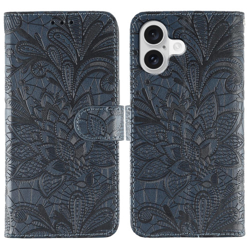 iPhone 17 Lace Flower Embossing Flip Leather Phone Case - Dark Blue