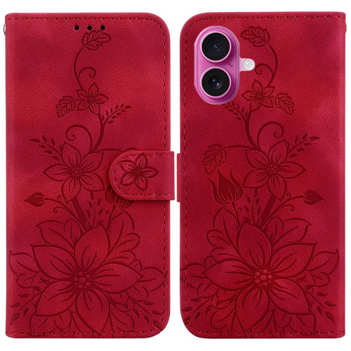 iPhone 17 Lily Embossed Leather Phone Case - Red