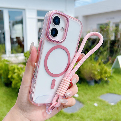 iPhone 17 MagSafe Magnetic Clear Phone Case with Wrist Strap - Pink