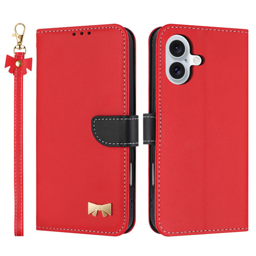 iPhone 17 Pro Max Metal Bow Leather Phone Case with Hand Strap - Red