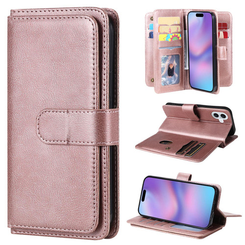 iPhone 17 Multi-Function Wallet 10 Card Slots Leather Phone Case - Rose Gold