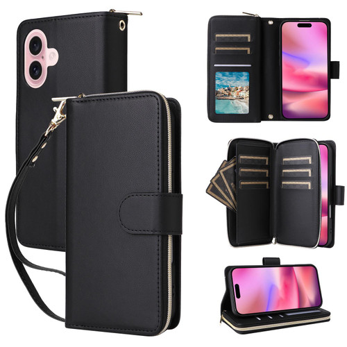 iPhone 17 Nine-card Slots Zipper Wallet Bag Leather Phone Case - Black
