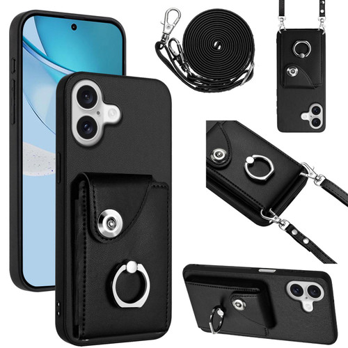 iPhone 17 Organ Card Bag Ring Holder Phone Case with Long Lanyard - Black