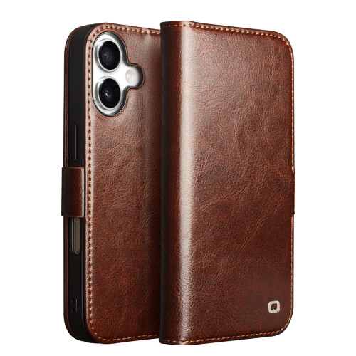 iPhone 17 QIALINO Classic 103 Buckle Genuine Leather Phone Case - Brown