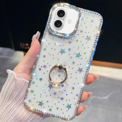 iPhone 17 Rhinestone Glitter TPU Ring Holder Anti-fall Phone Case - Transparent Stars
